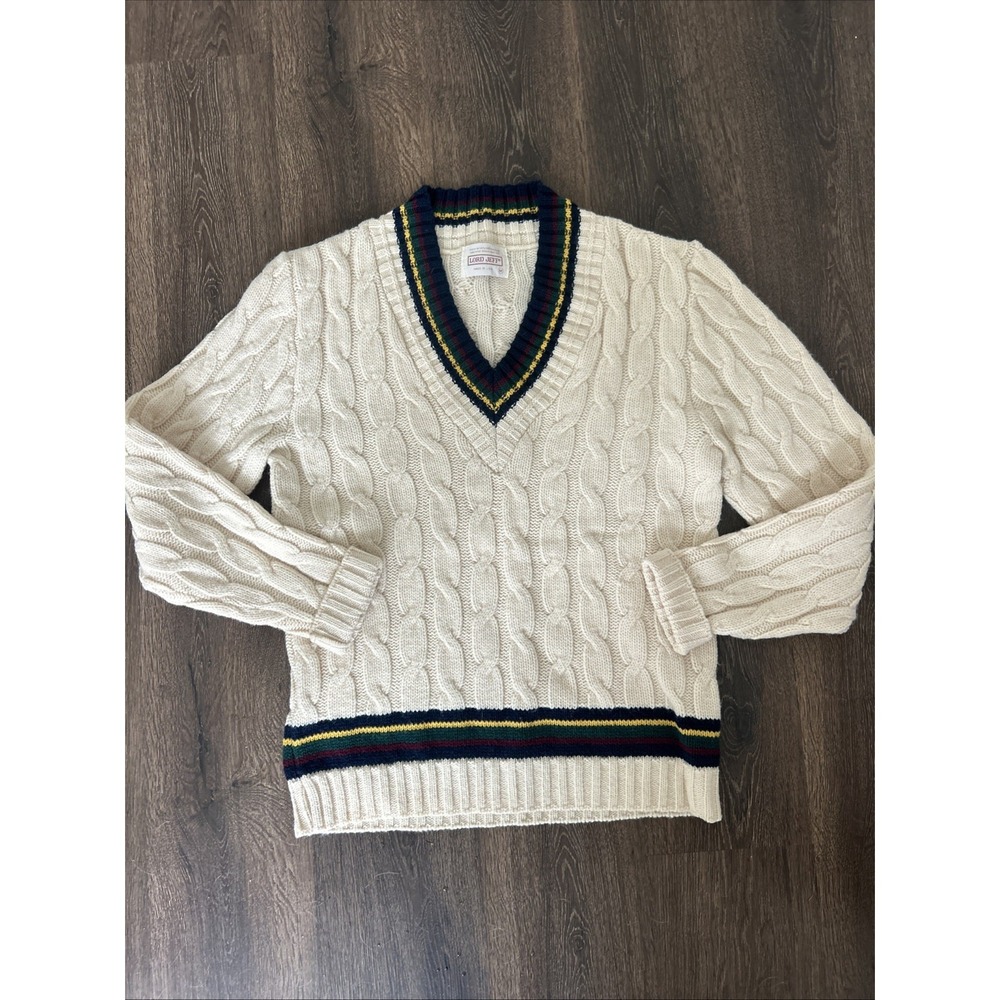 Vintage Lord Jeff Chunky V Neck Knit Cotton Sweater USA‎ Made Unisex M Schoolboy